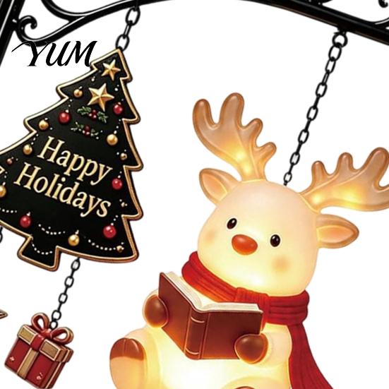 Santa Elk Snowman Ornament 2PCS Christmas Bookshelf Lamp, Resin Claus Hanging Room Accent Light, Multi-Color Lighting Wall Mounted for Holiday