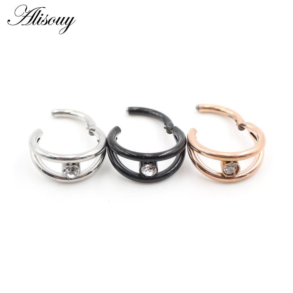 Alisouy 1pc Two Layers Zircon CZ Cartilage Earrings Stainless Steel Hinged Piercing Septum Clicker Nose Rings Hoop Segment Rings