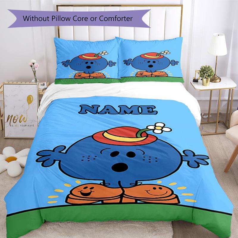 3pcs Custom Name Mr. Men and Little Miss Bedding Set Duvet Cover Closure Includes 1 Duvet Cover & 2 Pillowcases, Soft and Comfortable for All Seasons.