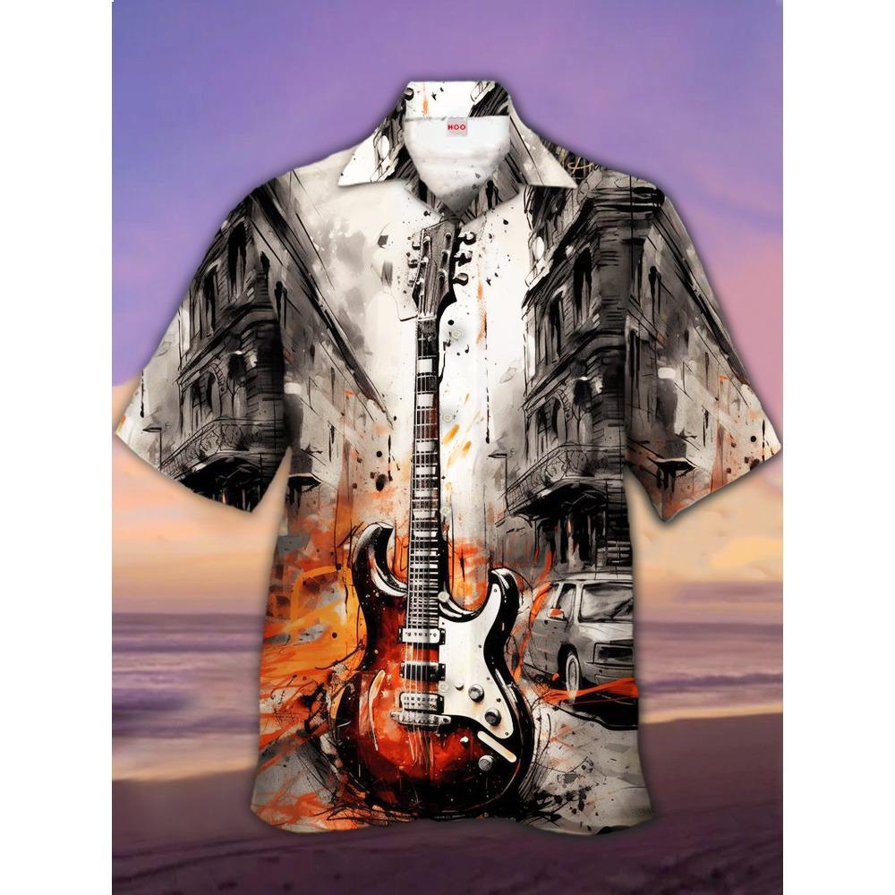 Eye-Catching Fire Electric Guitar Music Elements And Street Scenes3D Printing Short Sleeve Shirts For Men Fashion Hawaiian Shirt