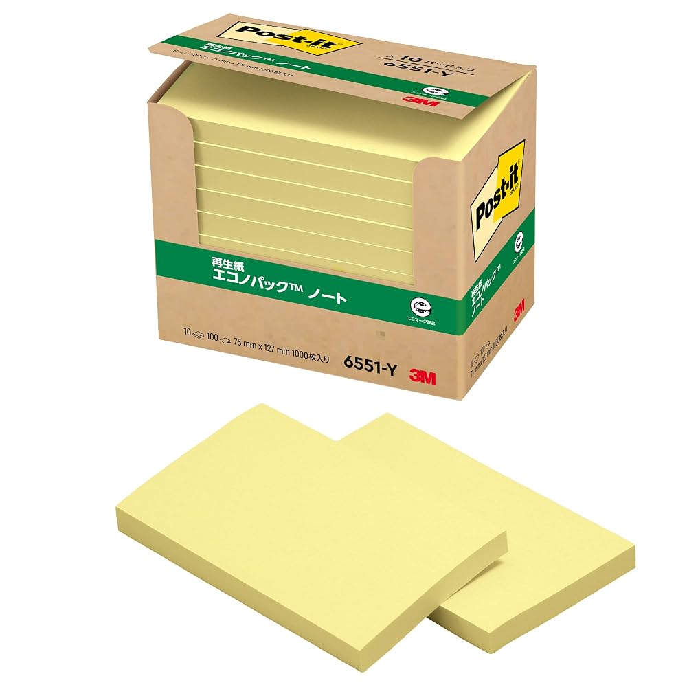 Стикеры 3M Post-it, Большие, Желтые, 75 x 127 мм, 100 листов x 10 блоков, 6551-Y. Сертифицировано Eco-mark