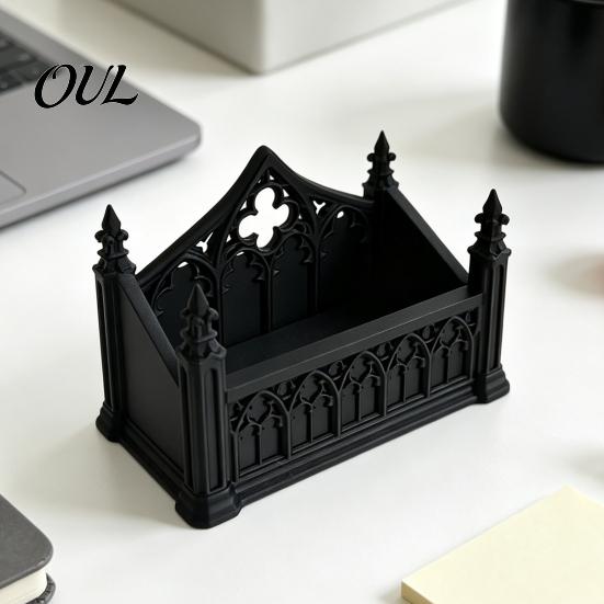 Artistic Desktop Decoration Gothic Dark Business Card Holder, 3D Printed Minimalist Desk Box Stand, Black Organizer for Office Home Style Display