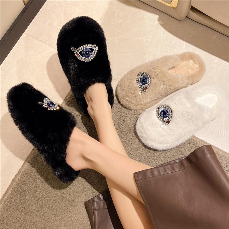 Новые домашние женские тапочки зимние теплые домашние тапочки в стиле сглаза пушистые удобные плоские подошвы в форме сердца забавные шлепанцы женская обувь