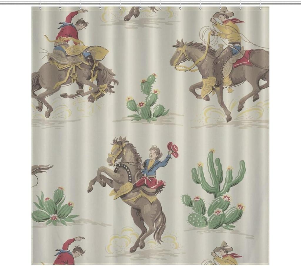 Western Shower Curtains for Bathroom, Cowboy Cartoon Decor Pattern Print Bath Drapes Set with Hooks, Waterproof Fabric Windows