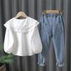 Костюмы для девочек Весенняя и осенняя одежда Осенняя одежда Рубашки Джинсовые длинные брюки Детская одежда Осенняя одежда для больших детей