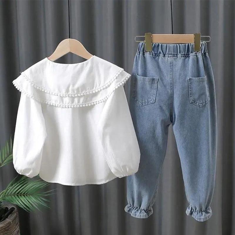 Костюмы для девочек Весенняя и осенняя одежда Осенняя одежда Рубашки Джинсовые длинные брюки Детская одежда Осенняя одежда для больших детей