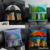 The Cat Holding an Umbrella Cushion Cover Linen Organic Fabric DoubleSided Printing Sofa Breathable Home Decor Gift Pillow Case