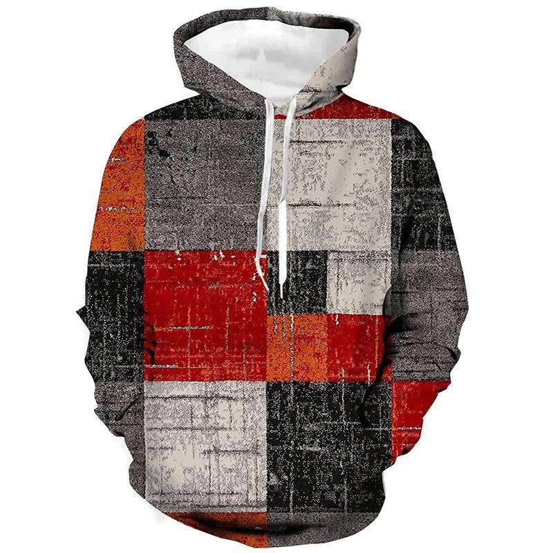 Осенние винтажные толстовки с принтом в клетку с цветными блоками и 3D-принтом для мужчин и женщин, повседневные толстовки с капюшоном большого размера, пуловеры, спортивная одежда