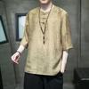 Мужская рубашка в китайском стиле с круглым вырезом, коротким рукавом, на пуговицах-лягушках, фактурная, повседневная, для ежедневного ношения