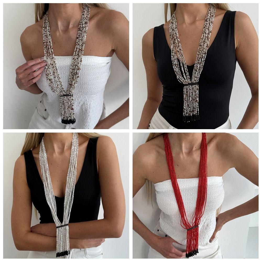 Metal Chain Multi-Layer Beads Necklace Gold Tassel Collarbone Chain Multi Layer Choker  Women
