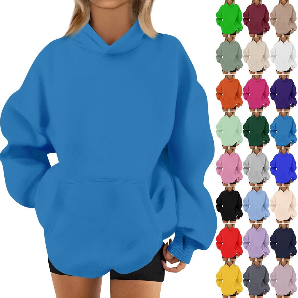 Women's Fashion Casual Long Sleeve Solid Color Hooded Sweatshirt Tops