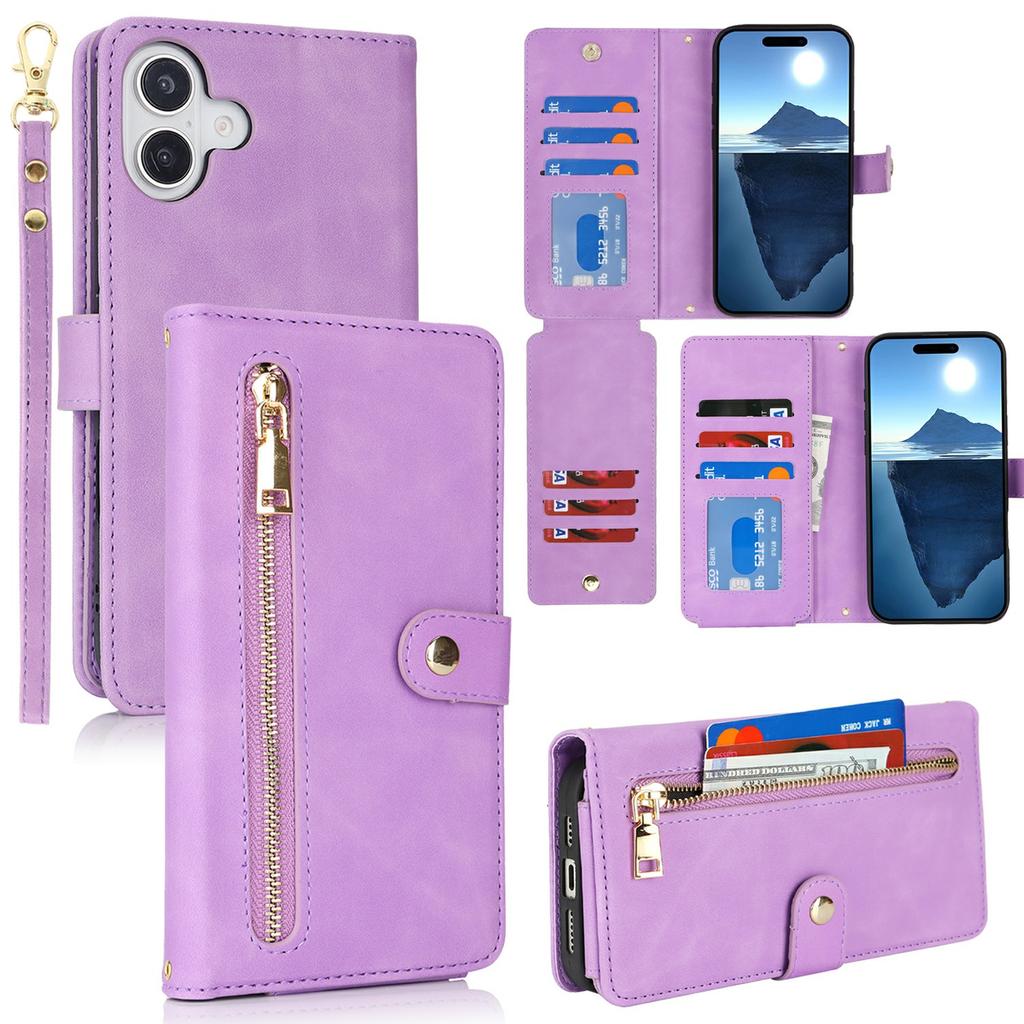 For iPhone 16 Stand Case PU Leather Phone Cover with Straps/Zipper Wallet/Multiple Card Slots