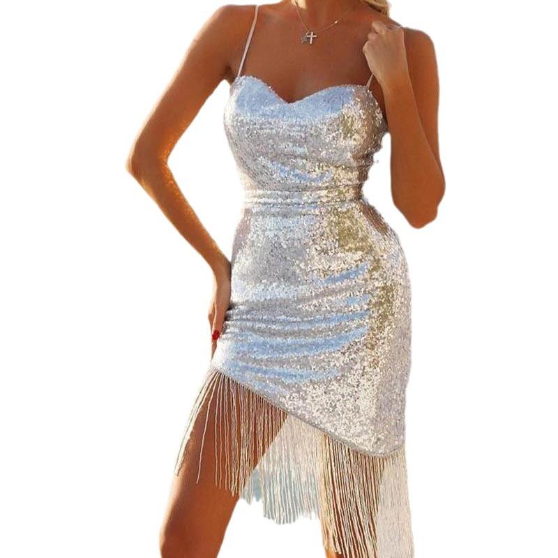 Новая женская одежда 25 Европейское и американское новое платье-комбинация с серебряными пайетками и бахромой сексуальное вечернее длинное платье