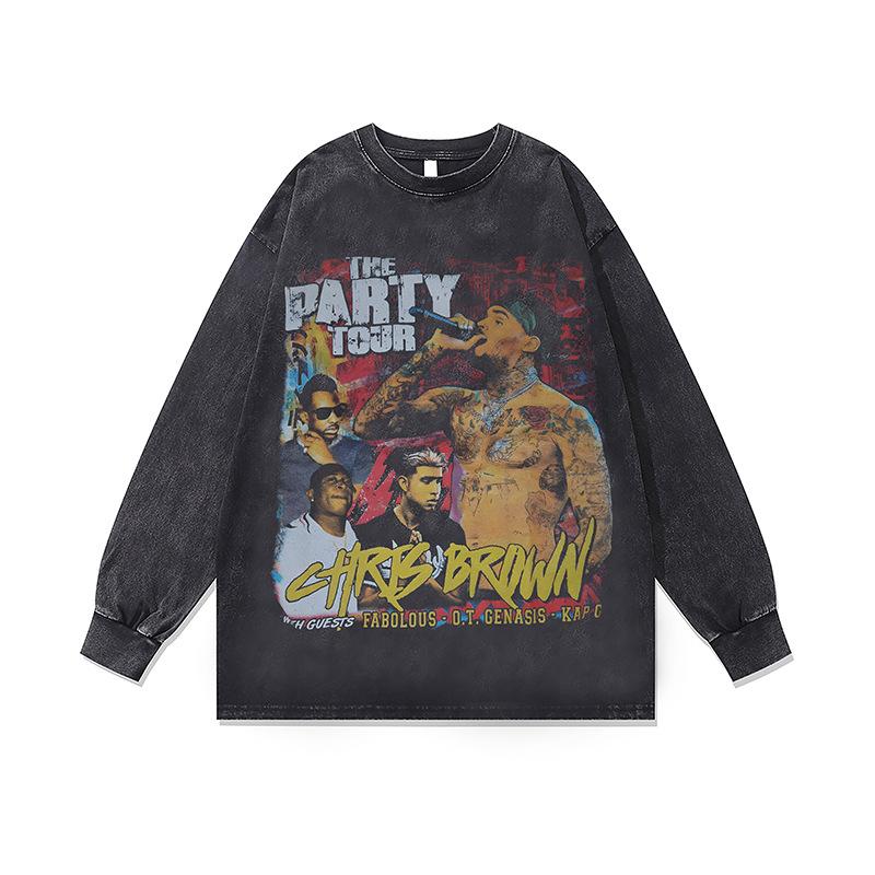 Стирка Ретро Стираная Толстовка с Круглым Вырезом Осень и Зима Новая Американский Хип-Хоп Нижний Слой с Длинным Рукавом Футболка для Мужчин и Женщин