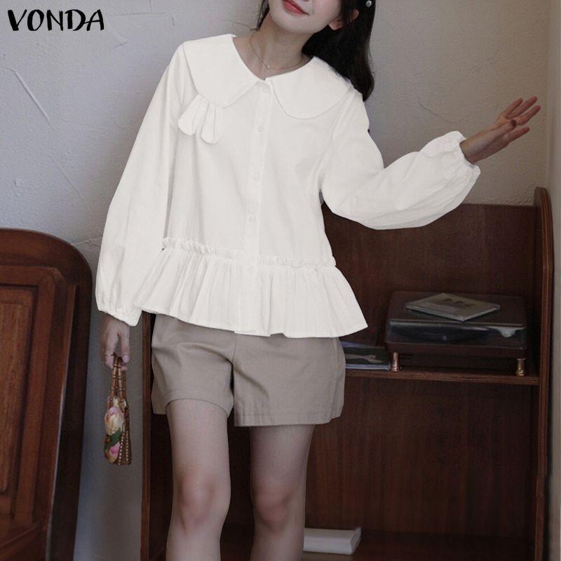 VONDA Женская повседневная блузка с кукольным воротником, свободного кроя, с длинным рукавом, на пуговицах, с оборками