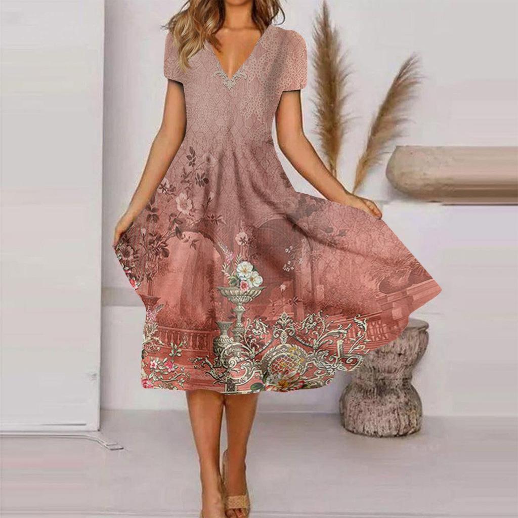Women's Fashion And All-match Summer Temperament V-neck Printed Short-sleeved Dress