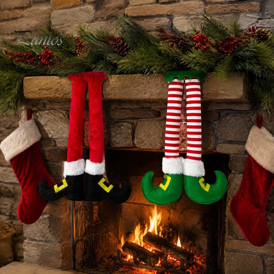 Decorative Props for Christmas Gift Exchange Elf Leg Hanging Ornaments, Red Green Striped Fabric Decorations Lightweight Holiday Tree Fireplace