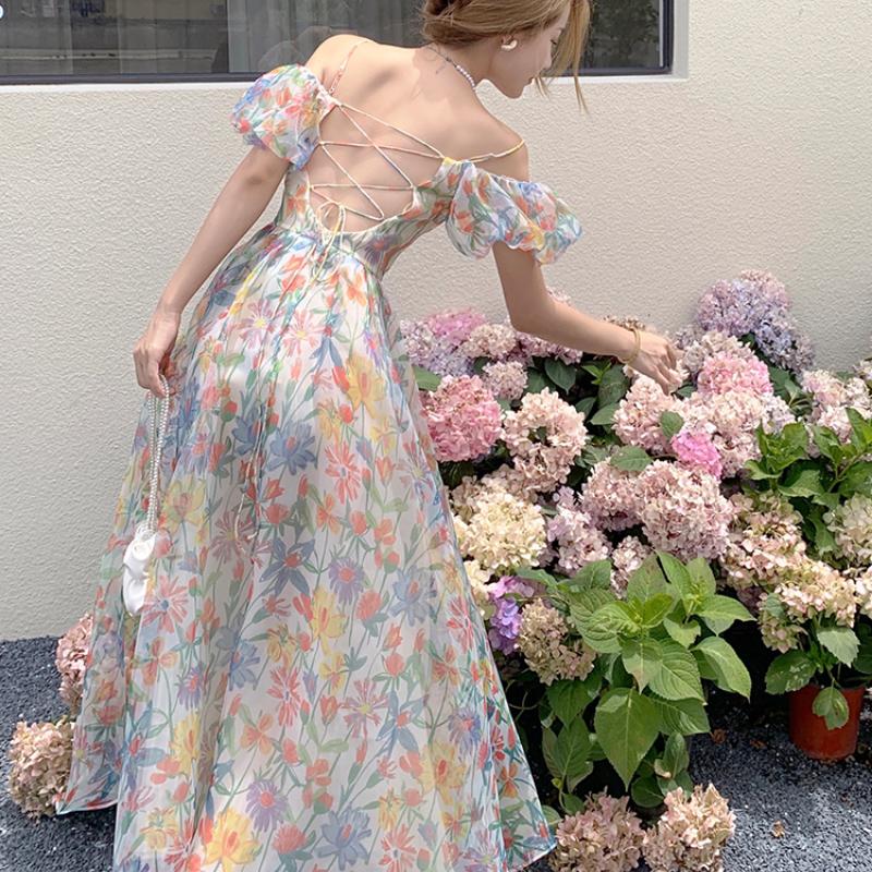Летнее женское длинное платье феи с цветочным принтом и цветочным принтом из органзы с пышными рукавами и повязками, стильное пляжное дорожное платье