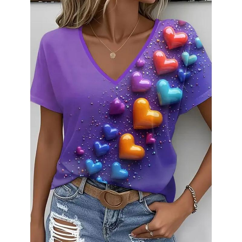 Summer V-neck 3D Love Pattern Printed Top Fashionable Casual Short Sleeved Women's T-shirts