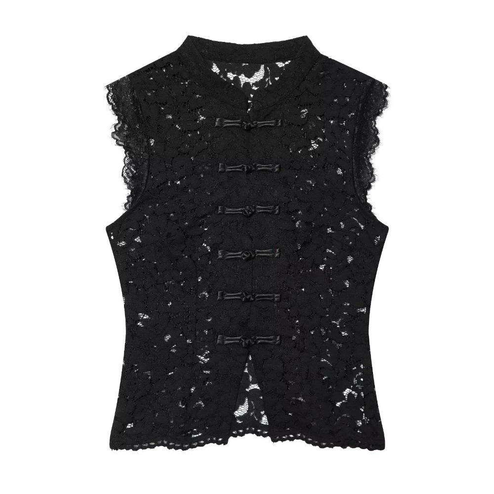 Hollow Out Lace Crop Top Stand Collar Y2K Girl Tops Versatile Sleeveless Vest Daily Wear