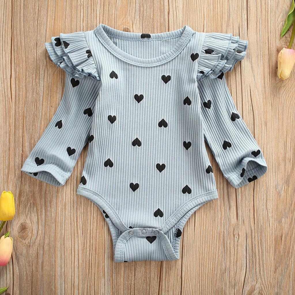 Infant Newborn Baby Girls Valentine's Day Heart Print Ruffles Romper Bodysuit