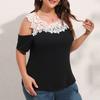 Лето 4XL, простая кружевная лоскутная рубашка с открытыми плечами, женская блузка 2023, топы с короткими рукавами и открытыми цветами, повседневная женская футболка 28059