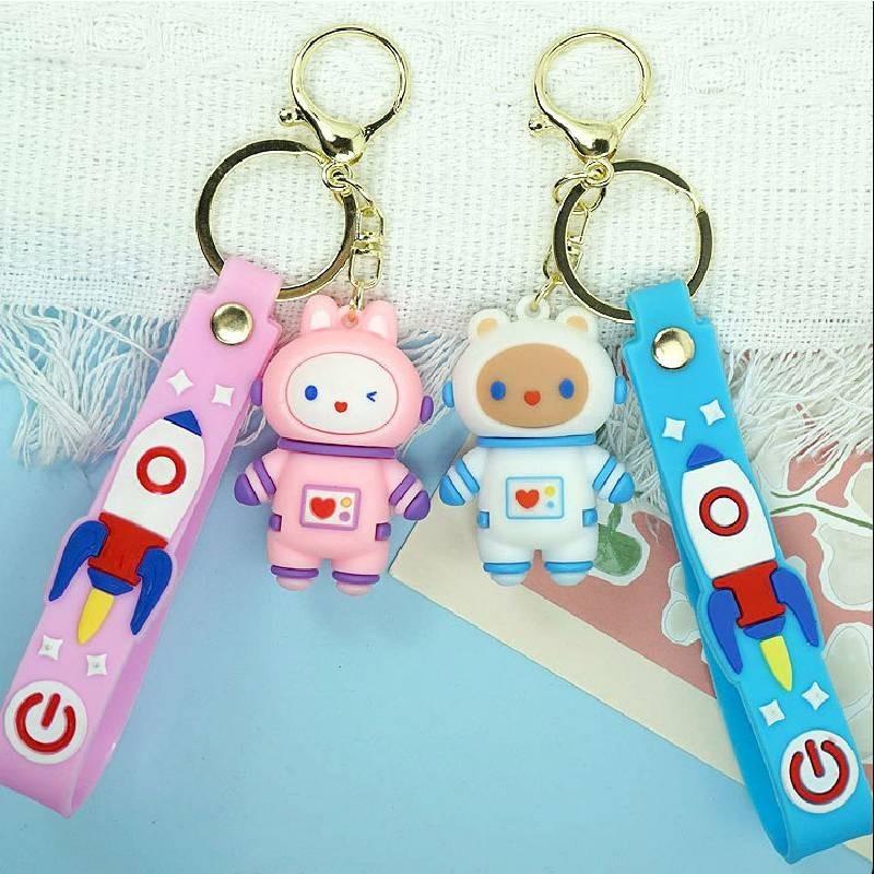 Stylish Cartoon Astronaut Bear Keychain Cute Rubber Key Accessory In Blue For Couples