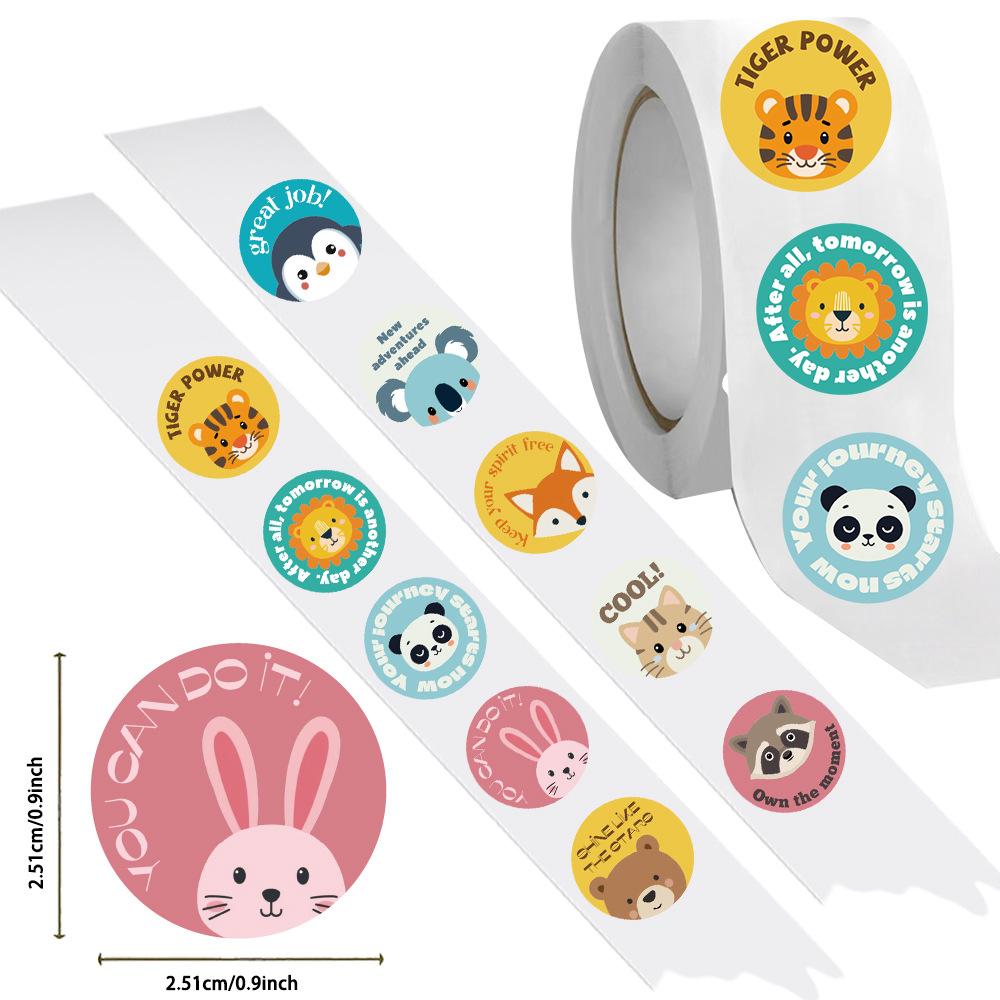 500 Pcs/Roll Motivational Animal Cartoon Stickers Fun Rewards Colorful Animals Round Roll Stickers Kids DIY Water Cups Decals