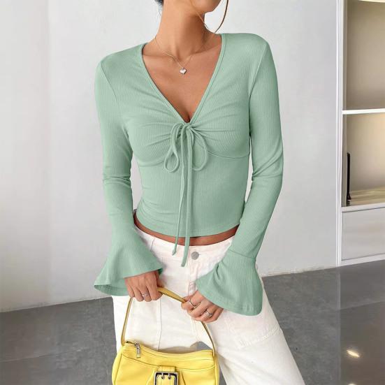 Женские топы с V-образным вырезом, расклешенные, с длинным рукавом, на шнуровке, пуловеры, облегающие, однотонные, повседневные топы, универсальная повседневная одежда