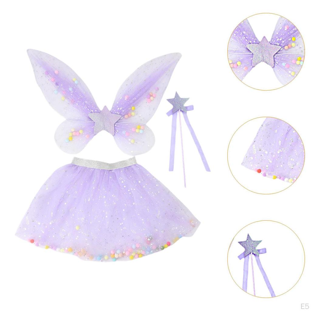 3 Pieces Fairy Wings Tutu Skirt and Stick Set for Girls Holidays Princess Cosplay