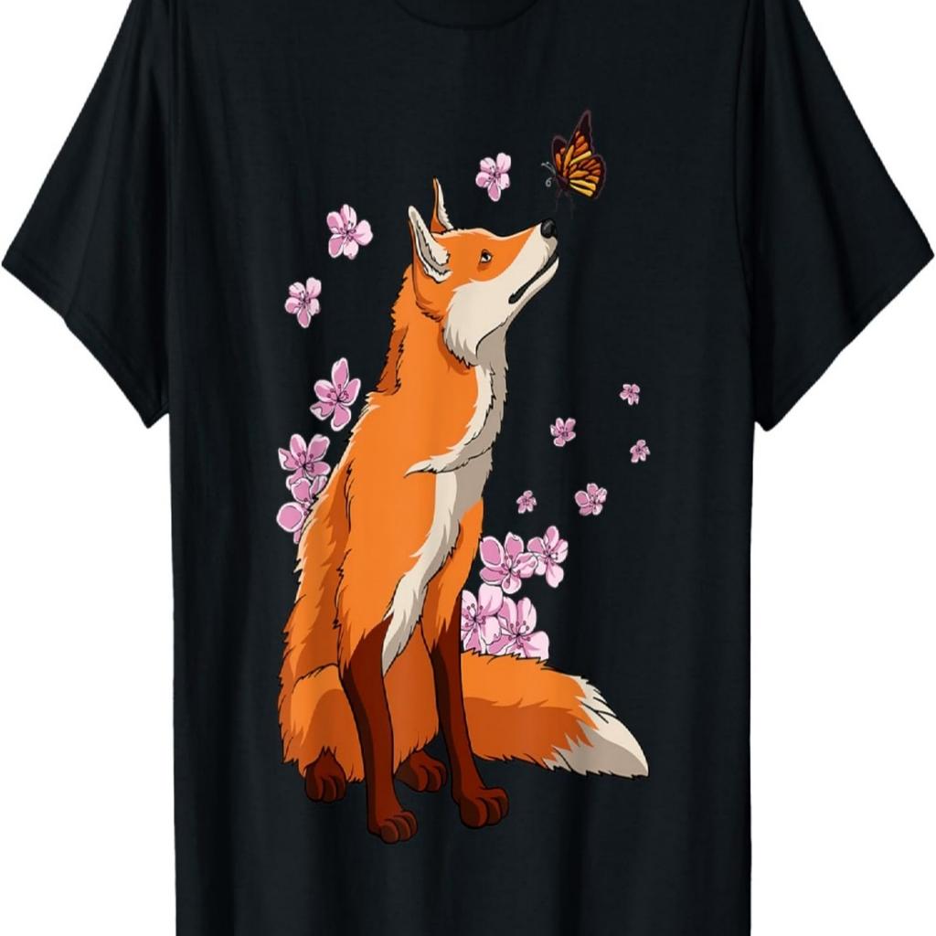 Fox With Butterfly Sakura Cherry Blossom T-Shirt