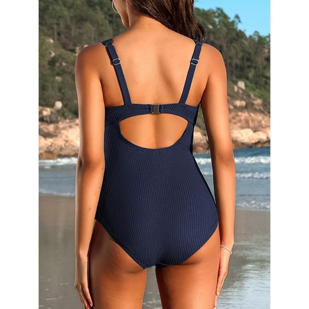 CHARMLEAKS Цельный купальный костюм для женщин, купальный костюм в рубчик с высокой талией, мягкий купальник с вырезом сзади, квадратный вырез, купальник с пуговицами-ракушками
