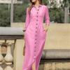 Summer Women's Fashion Elegant and Fashionable Long Sleeved Polo Cardigan Solid Color Long Cotton  Dress