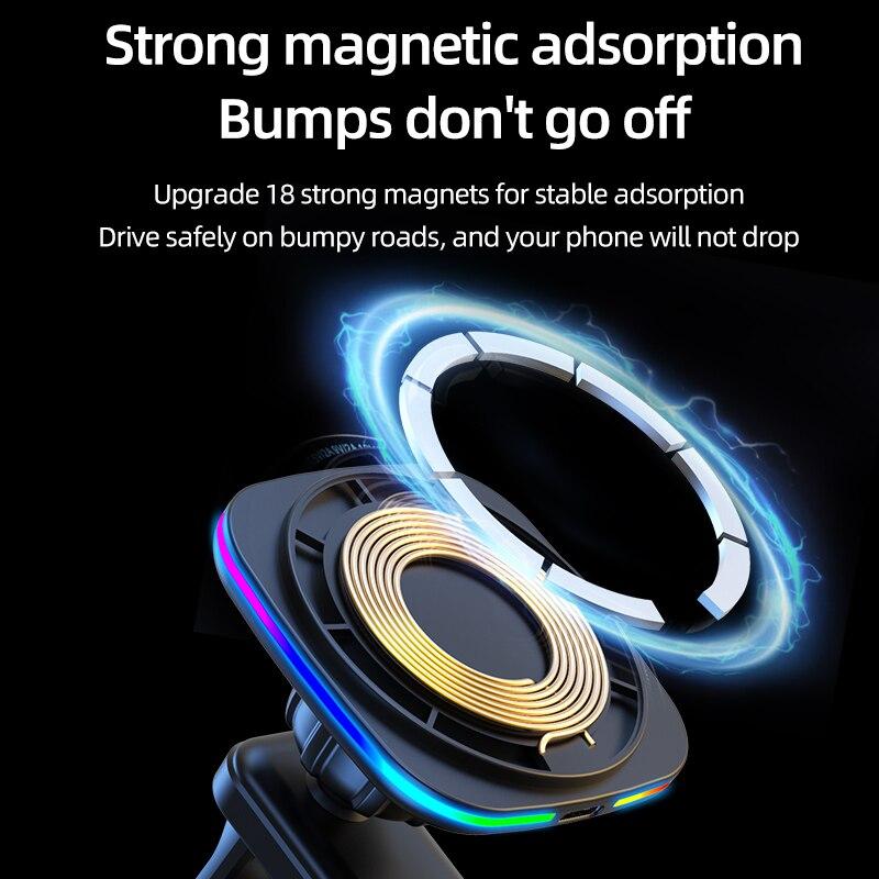 RGB Magnetic Car Phone Holder Stand 30W Wireless Charger Car Mount For iPhone 14 13 12 Pro Max Car Fast Charging Station Macsafe