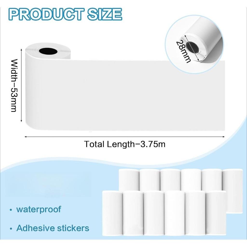 Бумага для термопринтера 53 мм x 3,75 м, Белая, Мини-самоклеящаяся бумага для принтера этикеток, Совместимая с мини-термопринтерами T02/M02/M02/M02S PRO/M04AS/M04S