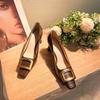 6888-3 French Square Head High Heels Women's Fashion Commuting Temperament Light Mouth Thick Heel Single Shoes Metal Square Buckle High Heels
