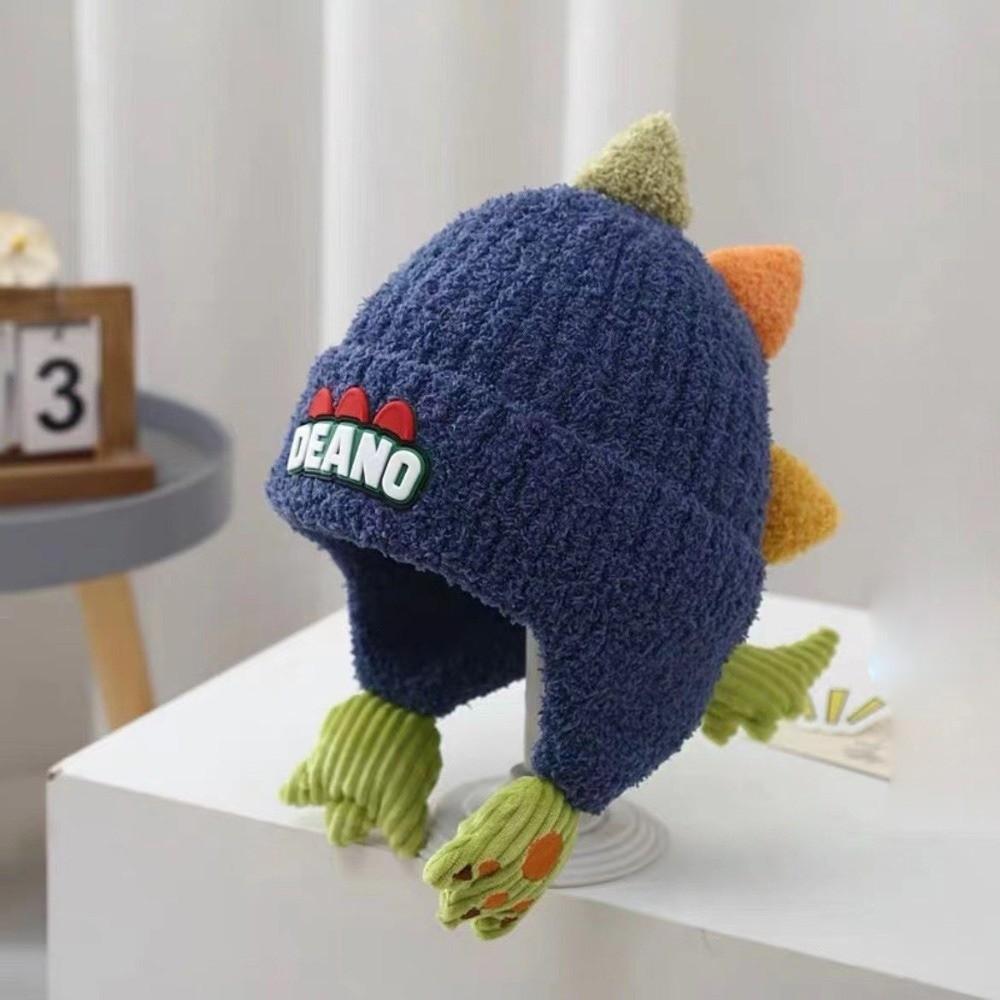 Cute Dinosaur Pullover Cap Windproof Plush Knitted Cap New Ear Protection Hat 2-6Y