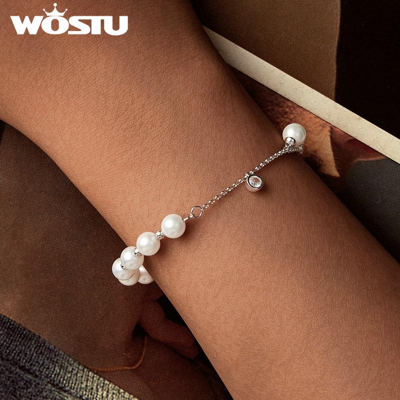 WOSTU 925 Sterling Silver White Pearl With Shiny Zircon Tassel Bracelets Elegant Jewelry Pearl Chain Links Gift for mom Lover