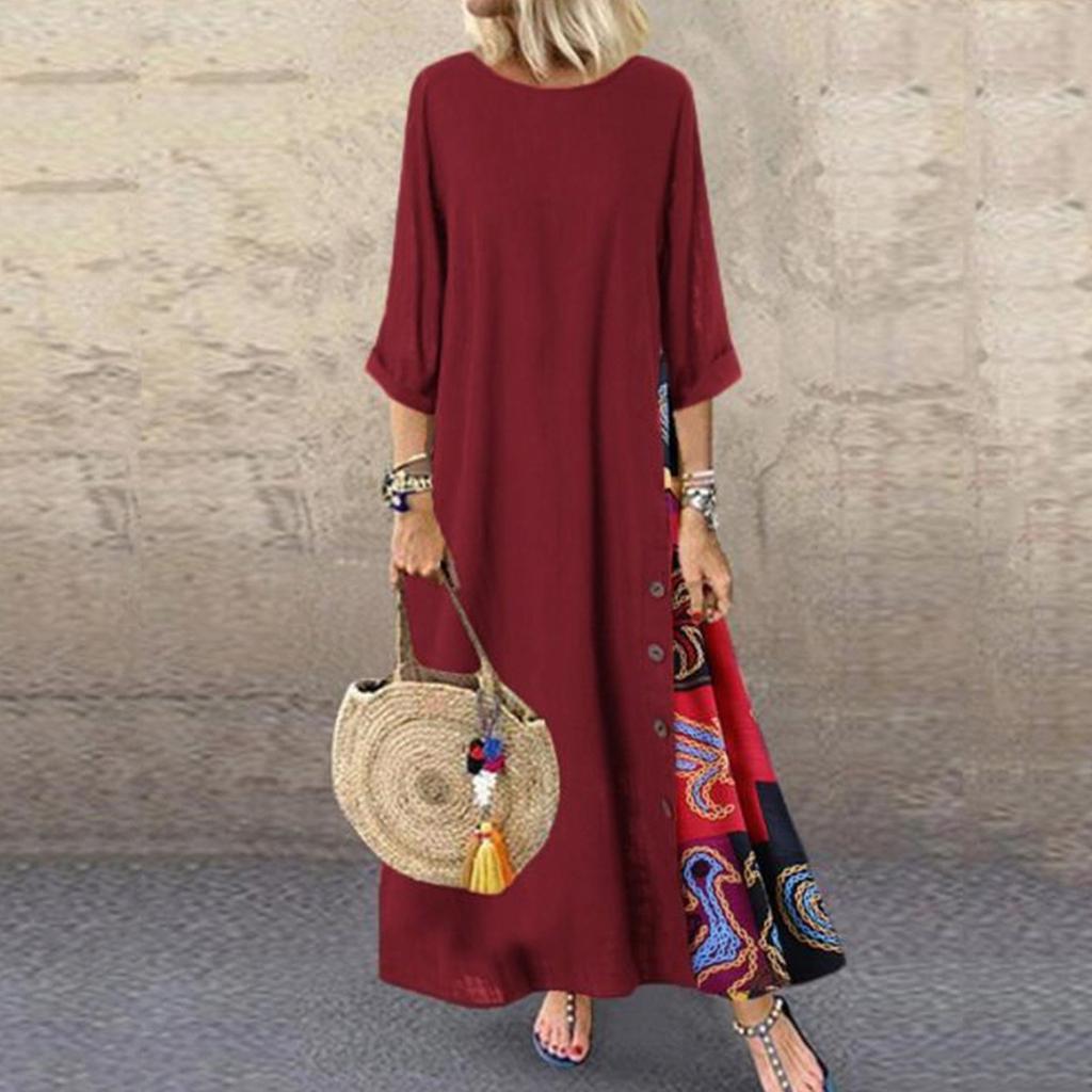 Женское винтажное платье с круглым вырезом и цветочным принтом на пуговицах и в стиле пэчворк, с рукавами 3/4