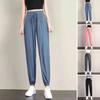 Summer Thin Ice Silk Sports Pants Elastic Drawstring Waist Pockets Casual Sweatpants Solid Color Loose Fit Fitness Trousers Streetwear