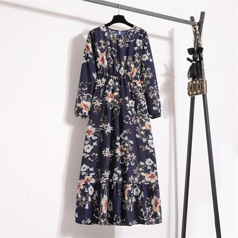 Womens Vintage Floral Print Maxi Dress High Waist Long Sleeve Round Neck Slim Fit A Line