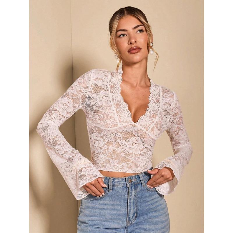 Spring Elegant Women's Solid Colour Sexy Transparent Lace V-Neck Tight Flare Long Sleeve T-Shirt