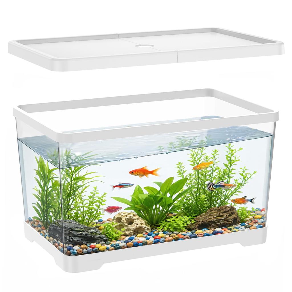 2 Gallon Plastic Fish Tank with Drain Hole - 30x19x17cm Shatterproof Small Rectangular Aquarium for Betta Fish & Guppies - Clear Desktop Terrarium
