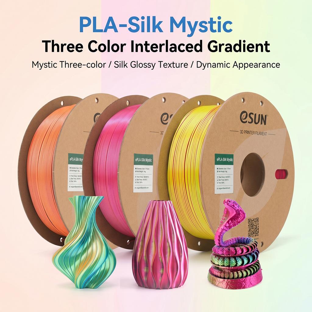 Filament для 3D-принтера ESUN PLA-Silk Mystic, 3 цвета, переплетенный градиент, 1,75 мм, пластиковый стержень, 1 кг, для FDM-печати, шелковистая блестящая текстура