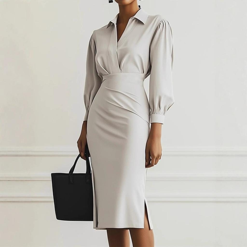 2025 Осень Весна Женское платье-рубашка с V-образным вырезом модное офисное леди однотонное с длинным рукавом облегающее бедра платья макси черное Vestidos Женское