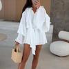 Женское летнее платье-рубашка с оборками, длинными рукавами, V-образным вырезом, короткое платье из шифона, А-силуэта, завязывающегося на талии, струящееся мини-платье