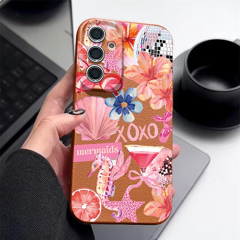 Розовый Чехол с Мультяшным Цветочным Рисунком для Samsung Galaxy A57 A56 A55 A54 5G A37 A36 A35 A34 A17 A16 A15 A14 Силиконовый Чехол с Текстурой Кожи