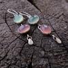 New Simple Asymmetric Pink Green Oval Opal Pendant Earrings Retro Minimalist Earrings