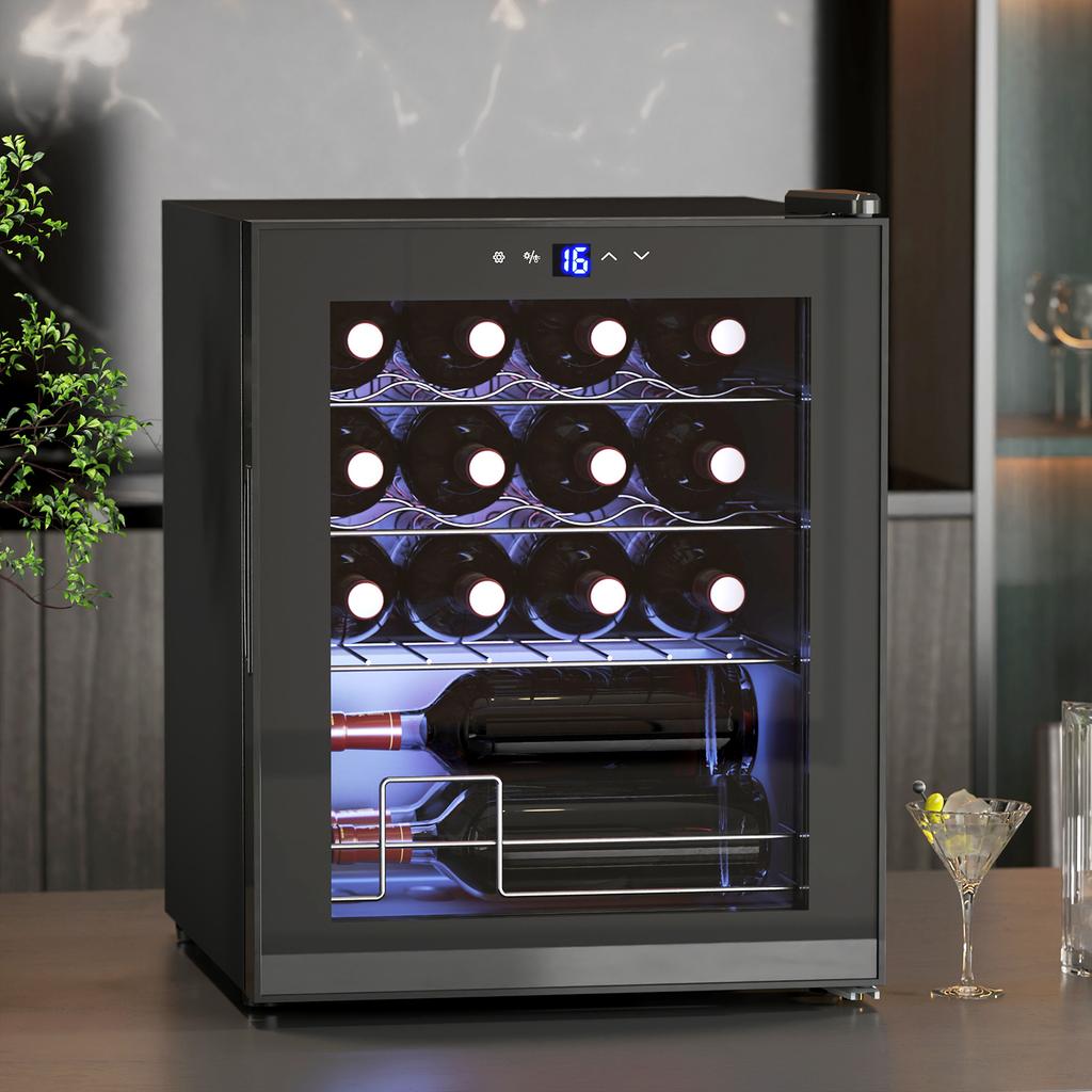 Freestanding Wine Cooler, 16 Bottles, for Home Bar, Living Room, Kitchen, Touchscreen, Glass Door, LED Lighting