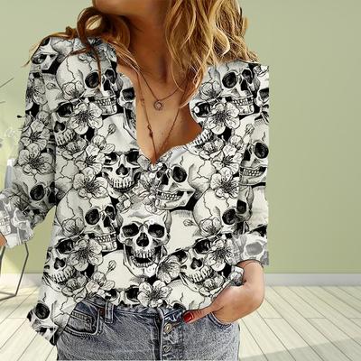 Животное Крутой Скелет Принт Женская Блузка Весна Осень Сорочка Femme Офисная Дама Застежка На Пуговицах Отложной Воротник Рубашки Женские Блузки Femme